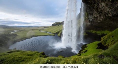 A large waterfall cascading down a rocky cliff into a body of water surrounded by green grass and wildflowers