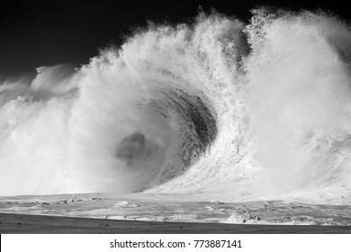 large wave flaring, beach, black and white, tsunami, powerful, dramatic