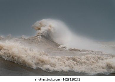 Large Wave On Stormy Day On Lake Michigan In Milwaukee, Wisconsin