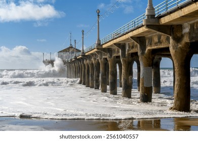 Large waves crash into the Manhattan Beach pier in Los Angeles, California during high surf advisory and pier closure.