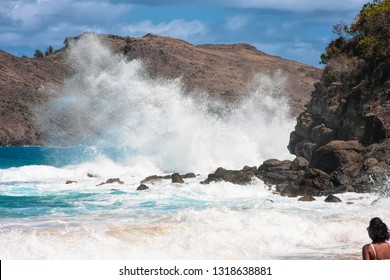 Large Waves Crashing Into Rocks On St Bart's With Tourist Watching 