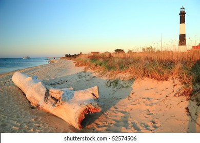 A large weathered driftwood log on the beach on Long Island Sound with the Fire Island Lighthouse behind in the late afternoon sun.