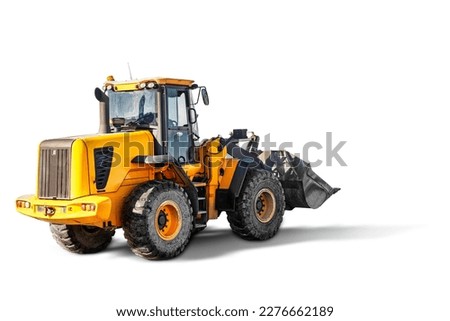 Large wheel loader or bulldozer on a white isolated background. Construction equipment. Element for design. Rental of construction equipment. Contract for construction work. Excavation