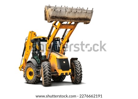 Large wheeled excavator loader or bulldozer on a white isolated background with a bucket raised up. Universal construction equipment. Rental of construction equipment. Contract for construction work