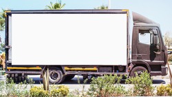 White delivery truck rendering van side view in street Industrial Stock ...