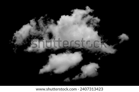 Large white clouds. Cloud isolated on black sky with fluffy white cloudscape texture. Black sky nature background, cloudy, white and black