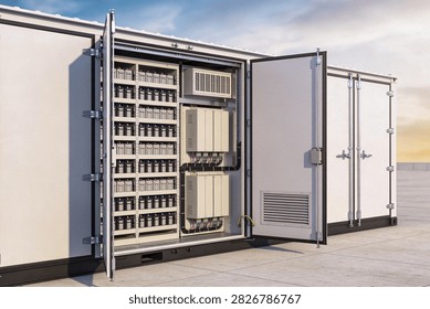 A large, white shipping container modified to house a substantial battery energy storage system, with its doors ajar to showcase the internal setup