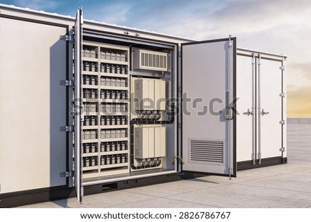 A large, white shipping container modified to house a substantial battery energy storage system, with its doors ajar to showcase the internal setup