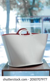 Large White Women's Leather Handbag On Display In Showcase