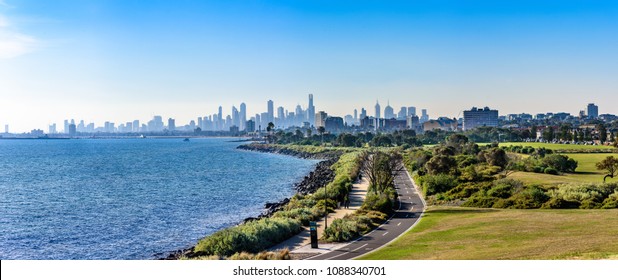 A large wide landscape of the city of Melbourne and St Kilda, as seen from Point Ormond in Melbourne Australia