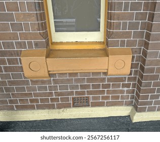 A large window sill at the base of a window in a old commercial building. Tuck pointed wall