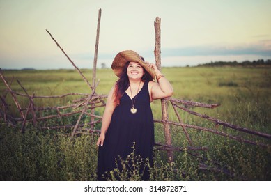 Large Woman Very Happy In The Meadow In Vintage Style