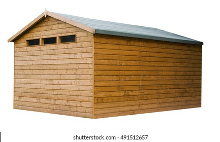 Large Wooden Garden Shed Stained With A Natural Finish On An Isolated White Background With A Clipping Path