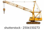 A large yellow crane is on a white background. The crane is very tall and has a lot of metal parts,white background, isolated