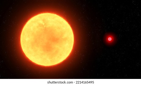 Large Yellow And A Dwarf Red Star Star On A Black Background. Comparison Of The Sizes Of The Sun And The Red Dwarf.