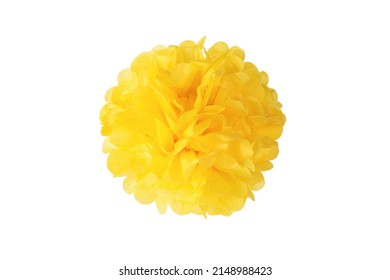 A large yellow paper pompom isolated on a white background. Party accessories.