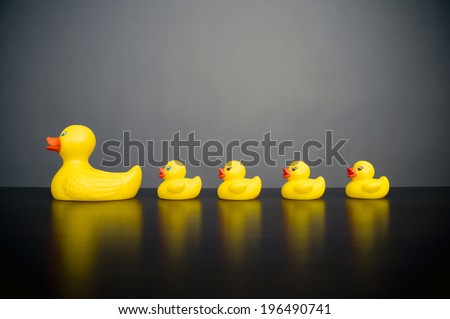 A large yellow rubber duck with four smaller rubber ducks in a row behind.