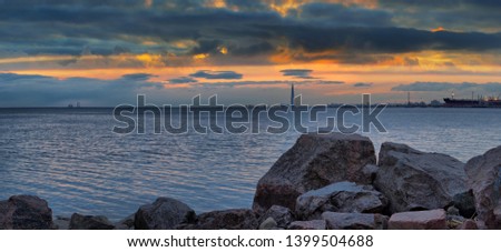Large-format panorama of the Baltic coast of the Gulf of Finland with new buildings in St. Petersburg