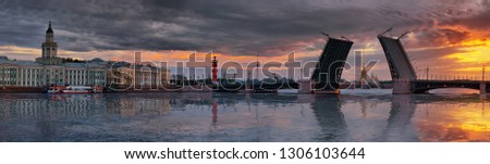 Large-format panorama of the dawn over the Neva river, Peter and Paul fortress and the divorced Palace bridge in St. Petersburg