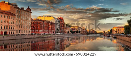 Large-format panorama of a summer decline on the Fontanka River in St. Petersburg