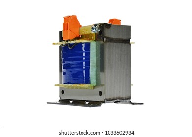 Larger safety transformer for 400 V to 230 V electric current transformation, white background, side view.