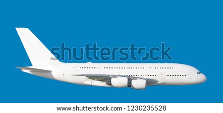 Largest heavy modern wide body passenger jet engine airplane flying side panoramic detailed gear up exterior view reference isolated on blue background air travel transportation white theme