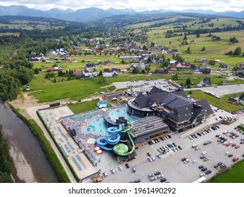 Largest thermal baths in Poland, Chocholow village, Tatras region. Aerial view from drone