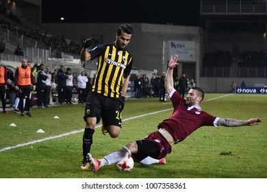 Larissa, Greece - January 20, 2018. AEK FC Midfielder Masoud Shojaei (Left) Avoids A Defender, During A Greek Superleague Soccer Match At The Greek City Of Larissa Between AEL FC And AEK FC.