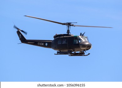 LARISSA, GREECE - MAY 4, 2017: Hellenic Army Bell UH-1H Huey Helicopter In Flight