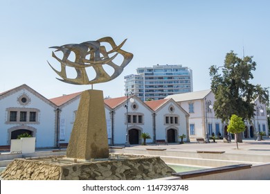 Larnaca, Cyprus, July 15th, 2018: Golden Flying Seagull Bird Sculpture Of Fountain Foinikoudes Larnaca  In Front Of Larnaca Municipal Art Gallery In Cyprus.