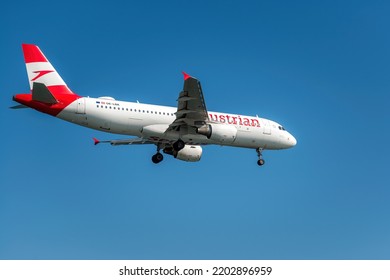 Larnaca, Cyprus - July 17, 2022: Airbus A320 Of Austrian Airlines Landing At Glafcos Clerides Airport