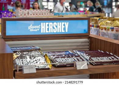 Larnaca, Cyprus - May 31, 2021: Hersheys Chocolate Stall In Duty Free Shop Of Larnaca International Airport. It Is An American Company And One Of The Largest Chocolate Manufacturers In The World.