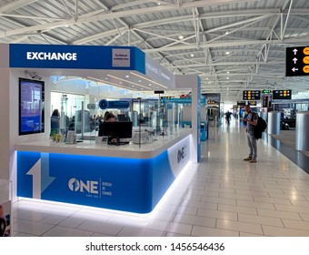 LARNAKA, CYPRUS - MAY 12, 2019: Currency Exchange Kiosk At Larnaca  International Airport