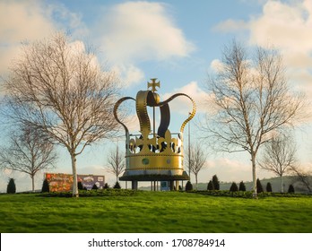 LARNE, NORTH IRELAND - DECEMBER 15, 2017 : Larne Roundabout Jubilee Crown. It Was Designed To Celebrate The Diamond Jubilee Of Queen Elizabeth II Of Britain.