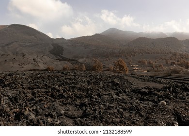 LAS MANCHAS, LA PALMA, CANARY ISLANDS, SPAIN - February 10, 2022: Landscape of houses covered by Cumbre Vieja volcano lava