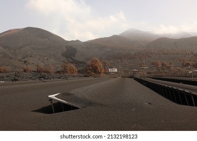 LAS MANCHAS, LA PALMA, CANARY ISLANDS, SPAIN - February 10, 2022: Solar panels covered by Cumbre Vieja volcano ashes