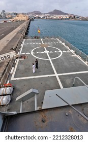 Las Palmas De Gran Canaria, Spain - October, 08 2022: Military Ship Meteoro Heliport On The Bridge.