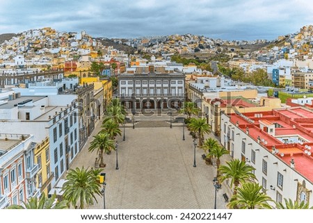 Las Palmas, Gran Canaria, tthe Santa Ana square with  the Consistorial Palace, today Town Hall, and the city hill , seen from the upper terrace of the cathedral Сток-фото © 