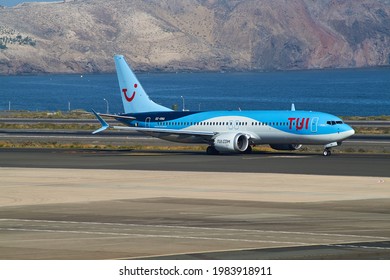 LAS PALMAS, SPAIN - Feb 09, 2019: A TUIfly Nordic Boeing 737 MAX Taxiing In Gran Canaria In Front Of The Atlantic Ocean  About One Month Before The Plane Was Grounded 