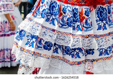 Las Tablas, Los Santos, Panama - Jan 11, 2020: Details of the typical Panamanian dress known as pollera. The pattern is all handmade using different embroidery techniques