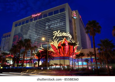 LAS VEGAS - AUG 18: The Flamingo Hotel on August 18, 2011 in Las Vegas, Nevada. The Flamingo, the oldest operating hotel on the Strip, offers a 77,000 sq ft (7,200 m2) casino along with 3,626 hotel rooms.