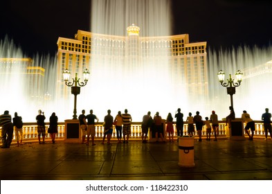 LAS VEGAS - AUGUST 12: Musical fountains at Bellagio Hotel & Casino on August 12, 2012 in Las Vegas. The Bellagio opened October 15, 1998, it was the most expensive hotel ever built at US$1.6 bn.