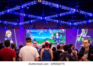 LAS VEGAS - AUGUST 3, 2019: Crowd view of the start of Dragon Ball FighterZ (DBFZ) match at eSports tournament EVO 2019 Evolution Championship Series at Mandalay Bay Convention Center.