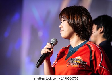 LAS VEGAS - AUGUST 3, 2019: Dragon Ball FighterZ (DBFZ) producer Tomoko Hiroki making announcements at eSports tournament EVO 2019 Evolution Championship Series at Mandalay Bay Convention Center.