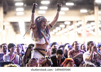 LAS VEGAS - AUGUST 3, 2019: Spectator cheering on the action at eSports tournament EVO 2019 Evolution Championship Series at Mandalay Bay Events Center.