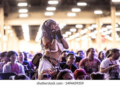 LAS VEGAS - AUGUST 3, 2019: Spectator cheering on the action at eSports tournament EVO 2019 Evolution Championship Series at Mandalay Bay Events Center.