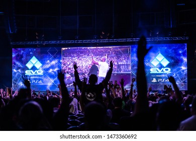 LAS VEGAS - AUGUST 4, 2019: Audience excited for the next match at eSports fighting game tournament EVO 2019 Evolution Championship Series presented by Playstation PS4 at Mandalay Bay Events Center.