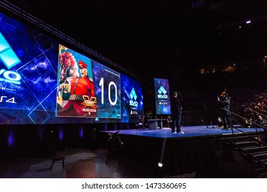 LAS VEGAS - AUGUST 4, 2019: Countdown to start of Street Fighter V (SFV) match at eSports tournament EVO 2019 Evolution Championship Series presented by Playstation PS4 at Mandalay Bay Events Center.