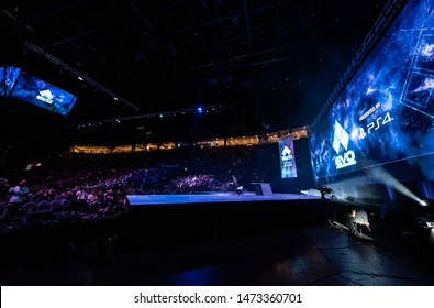 LAS VEGAS - AUGUST 4, 2019: Wide-angle view of arena at the premier fighting game eSports tournament EVO 2019 Evolution Championship Series presented by Playstation PS4 at Mandalay Bay Events Center.