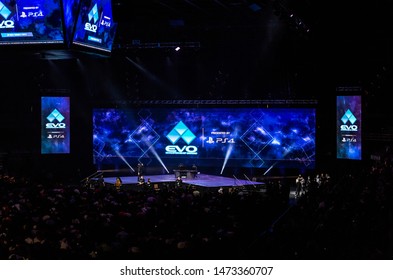 LAS VEGAS - AUGUST 4, 2019: Wide-angle view of arena at the premier eSports fighting game tournament EVO 2019 Evolution Championship Series presented by Playstation PS4 at Mandalay Bay Events Center.